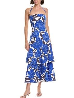 flowers of spain linen dress in blue & white milly Lela Embroidered Midi Dress in White/Blue